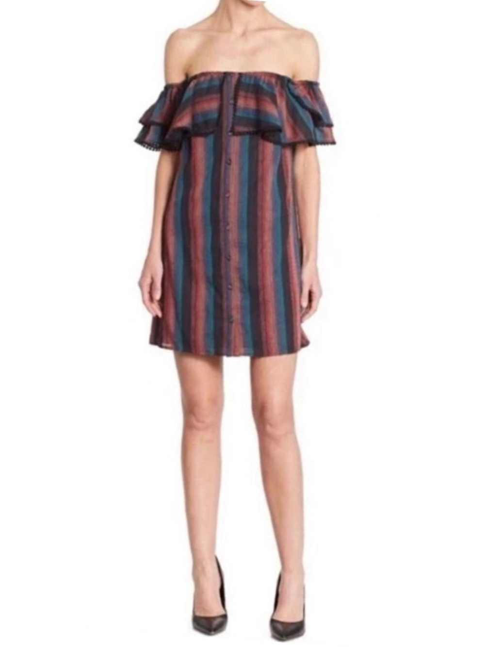 WAYF Mini Dress Striped Off the Shoulder Pom Pom Ruffle Lined Boho Beachy Sz L